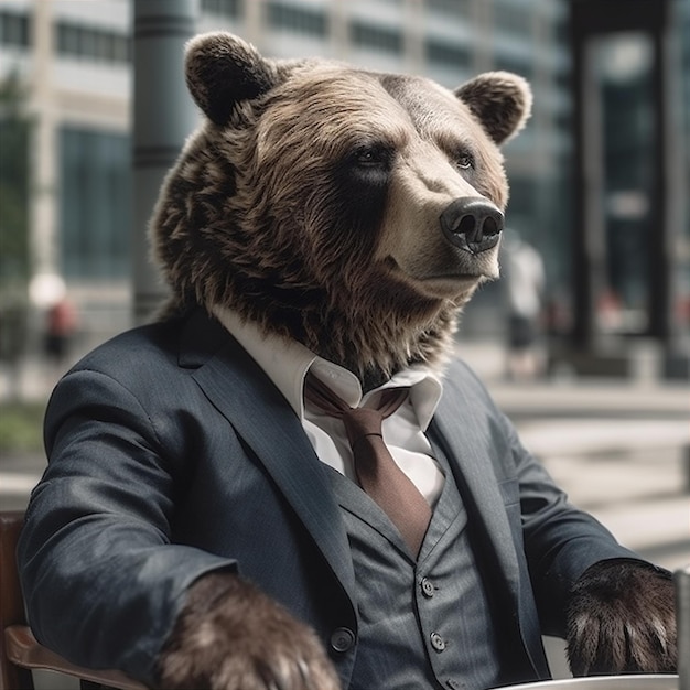 Oso con elegante traje de negocios y corbata de pie sobre fondo de paisaje urbano generado por ai