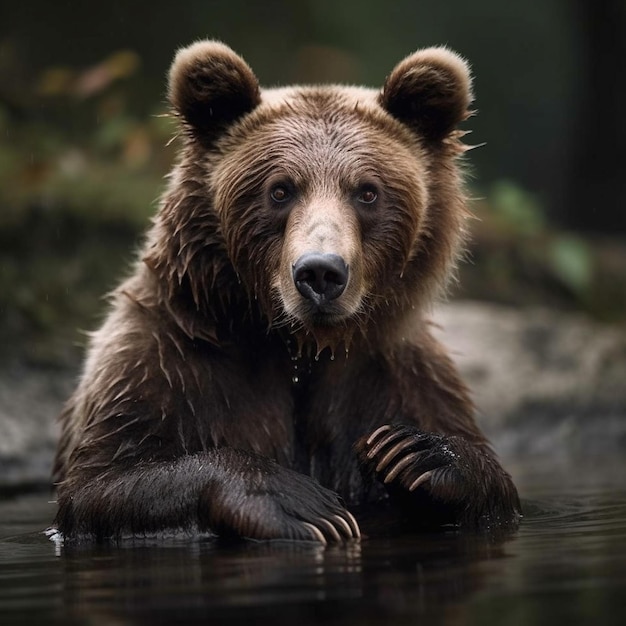 Un oso está en el agua y está mirando a la cámara.