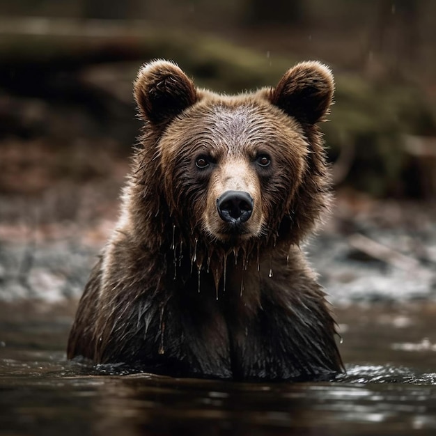 Un oso está en el agua y está mojado y mojado.