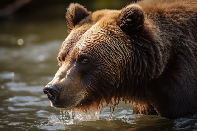 Un oso está en el agua y el sol brilla.