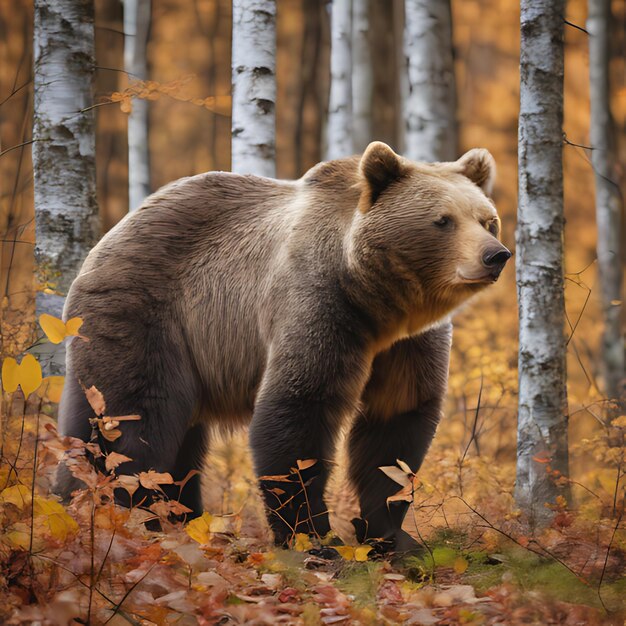 un oso está en un bosque con árboles de abedul