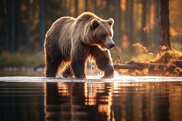 un oso está caminando en el agua en el bosque