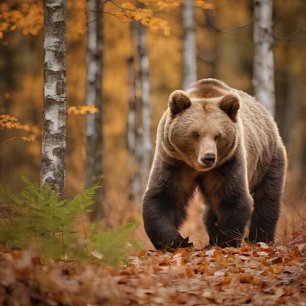 un oso está caminando por el bosque en otoño