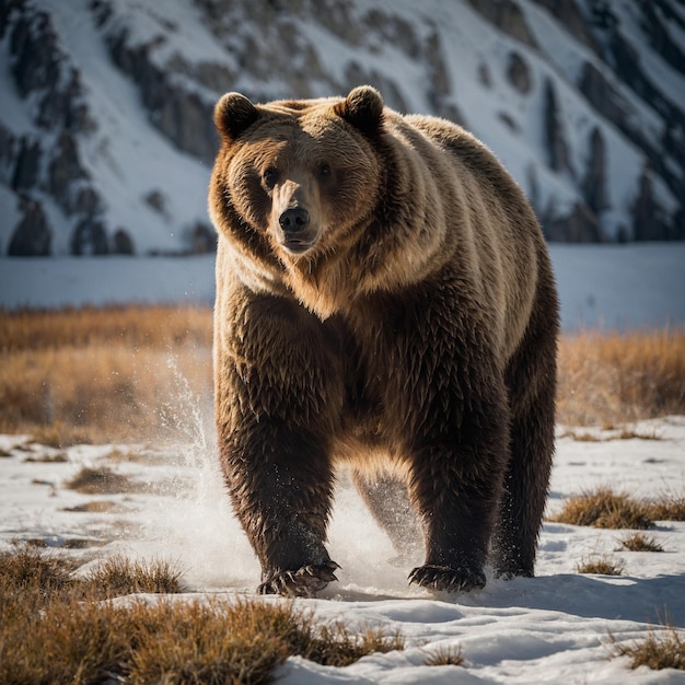 un oso está caminando en la nieve con montañas en el fondo