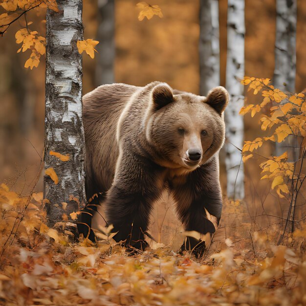 un oso está de pie en un bosque con árboles en el fondo