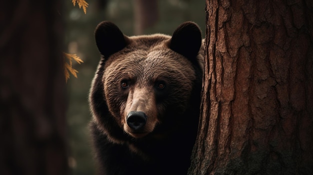 Un oso está de pie junto a un árbol.