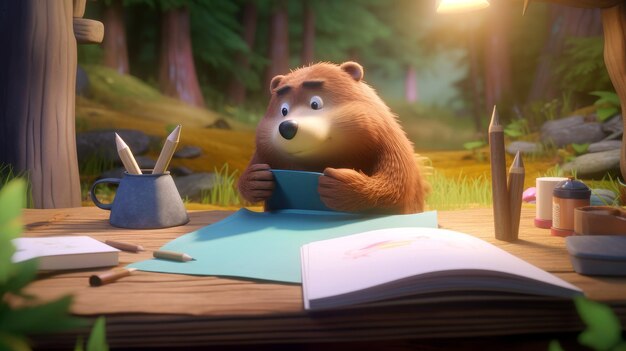 Un oso está sentado en un escritorio en un bosque.