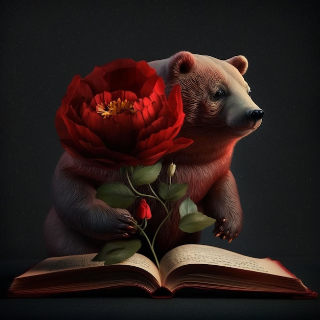 Un oso con una flor en la cabeza está sentado en un libro.