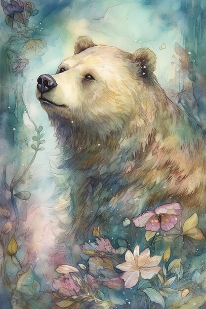 un oso con flores y un oso en el agua