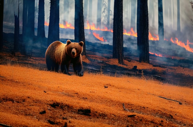 Oso en el fondo del incendio forestal Pobre oso pardo en un peligroso desastre natural Concepto cuidar de la naturaleza IA generativa