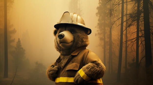 El oso en forma de bombero apaga el fuego El fondo es el humo del bosque generado por la IA