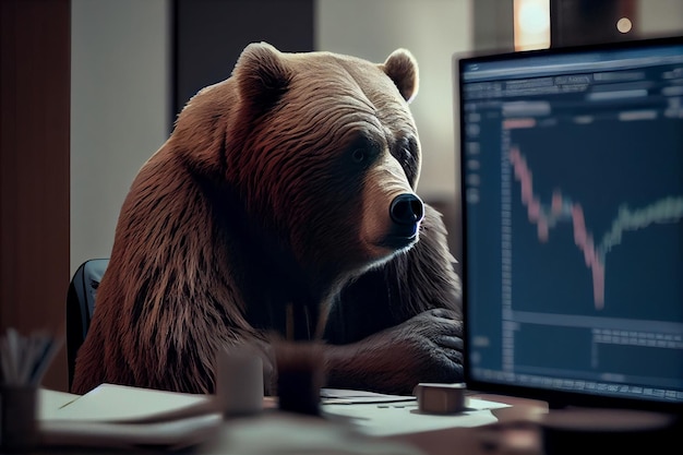 Oso frente al monitor de la computadora con ai generador de datos del mercado de valores