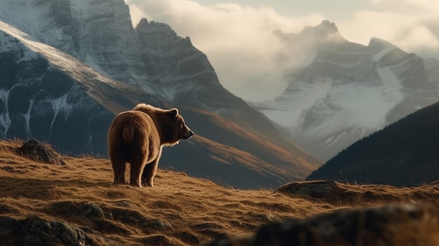 Un oso se para frente a una montaña.