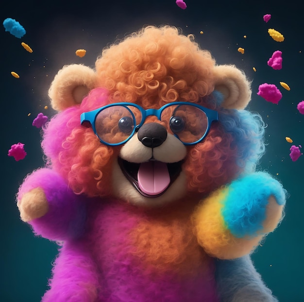 un oso con gafas y un arcoíris de confeti de fondo.