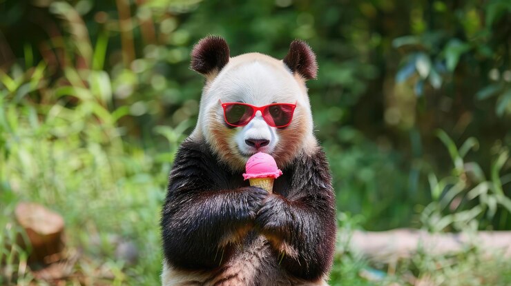 Foto un oso con gafas de sol y un cono de helado rosa con fondo rosa y nariz negra