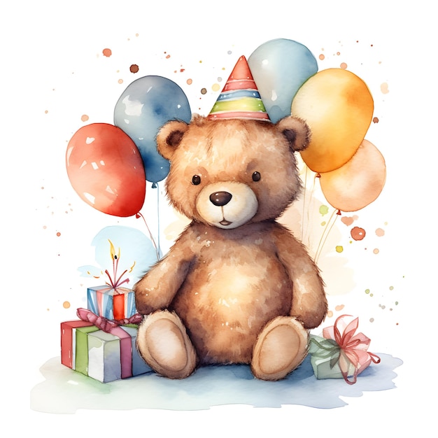 Un oso con gorro de fiesta se sienta junto a globos y regalos.