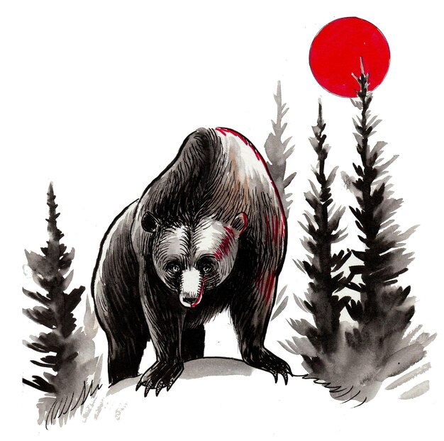 Oso grizzly en el bosque. Dibujo a tinta y acuarela