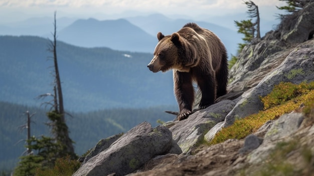 Un oso grizzly camina sobre una montaña rocosa.