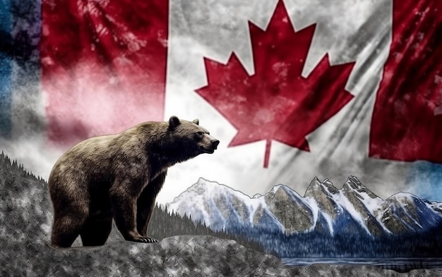 Oso grizzly en el fondo de la bandera canadiense Día de Canadá