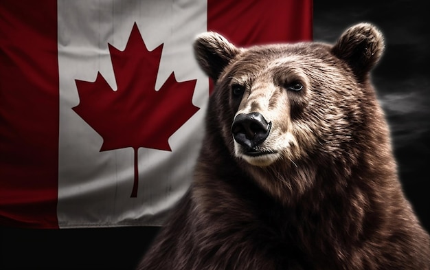 Oso grizzly en el fondo de la bandera canadiense Día de Canadá