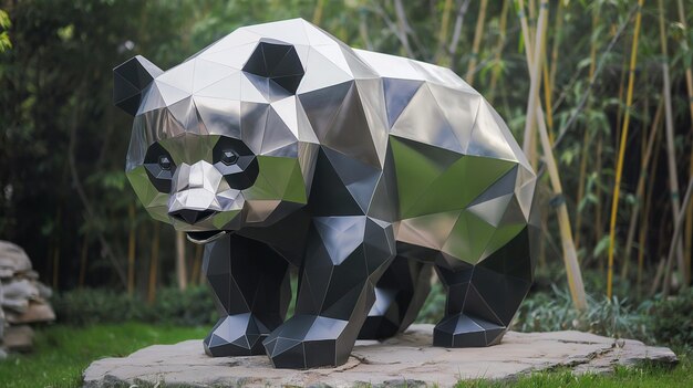 un oso hecho de cuadrados blancos y negros está de pie en un camino