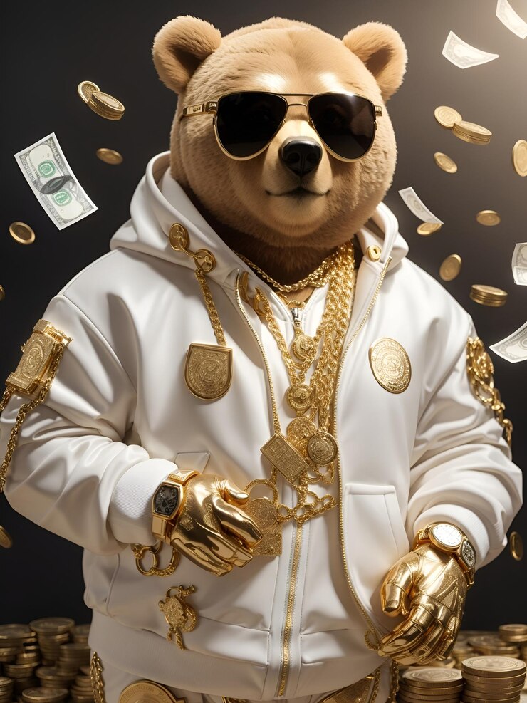 Un oso hip hop con cadenas de oro y contando dinero