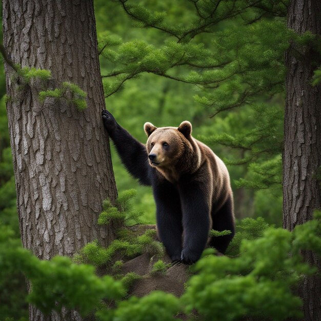 Un oso hiperrealista en un árbol.
