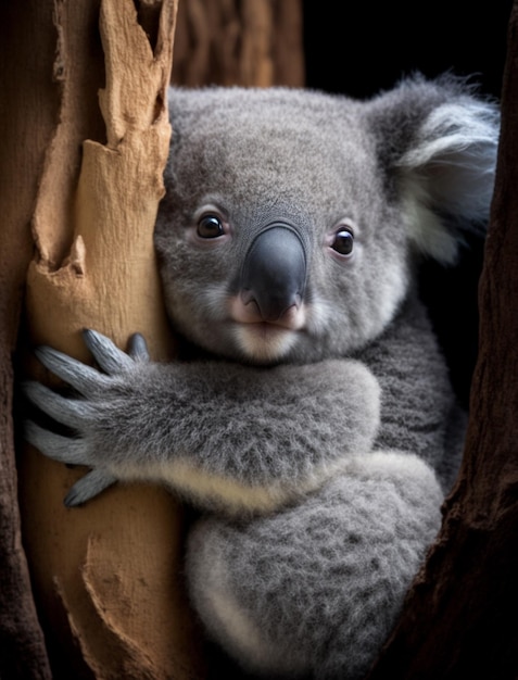 Un oso koala abraza el tronco de un árbol.