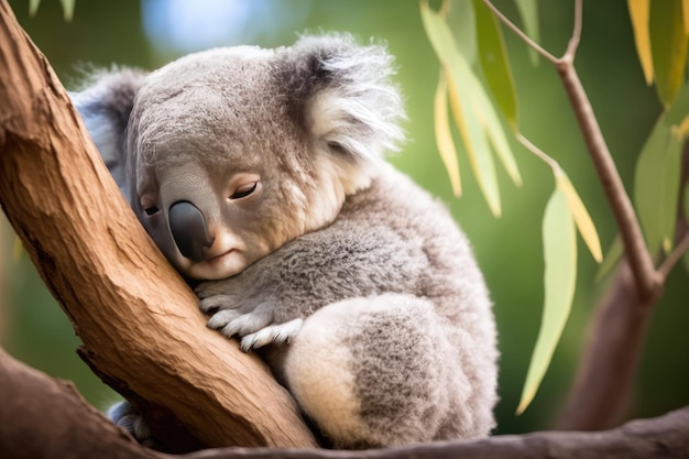 Un oso koala bebé duerme en la rama de un árbol en la naturaleza