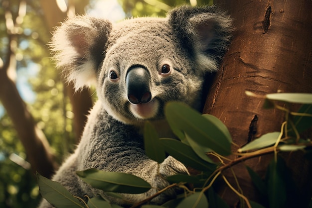 Un oso koala comiendo eucalipto en un árbol