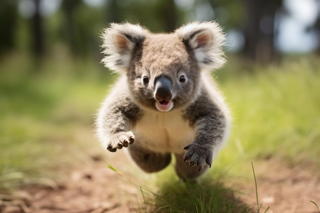 un oso koala corriendo a través de un campo de hierba