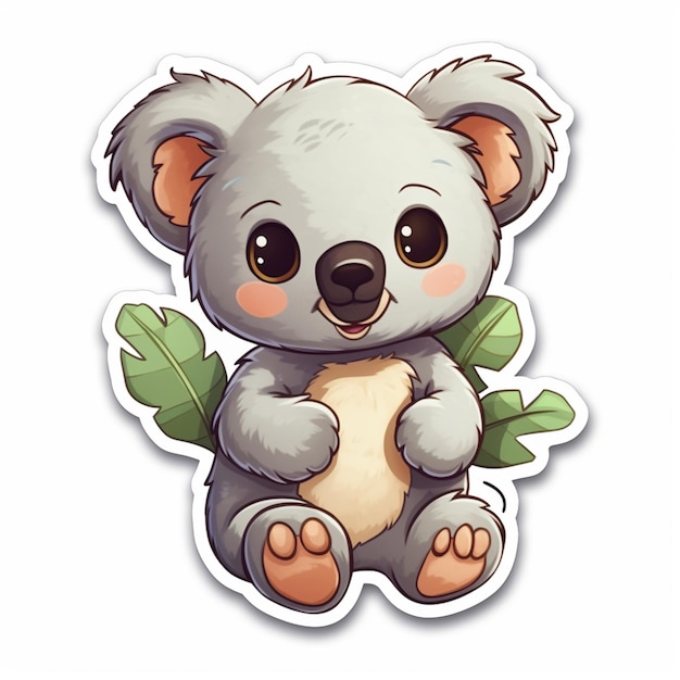 oso koala de dibujos animados sentado en una etiqueta de hoja ai generativo