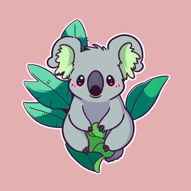 un oso koala de dibujos animados sentado en una hoja con hojas a su alrededor