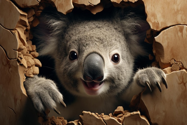 Foto un oso koala saliendo de un agujero en la pared