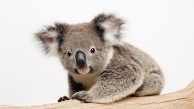 Un oso koala se sienta en una plataforma de madera.