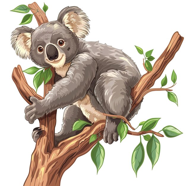 Foto el oso koala se sienta en la rama del árbol y come hojas job id 348a8c0bcf1d4b48b81fe1c6c4b11188