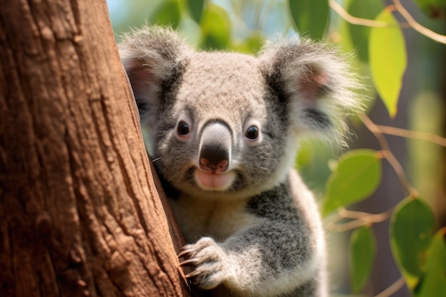 Un oso koala trepando a un árbol