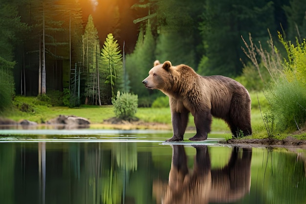Un oso se para en un lago frente a un bosque.