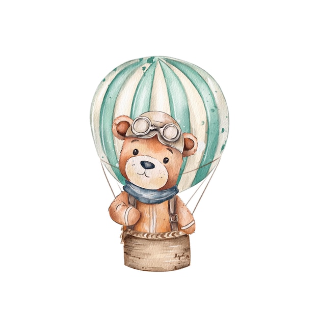Un oso lindo en una aventura en globo aerostático con gafas de protección vintage y una bufanda volando a través de un cielo soleado