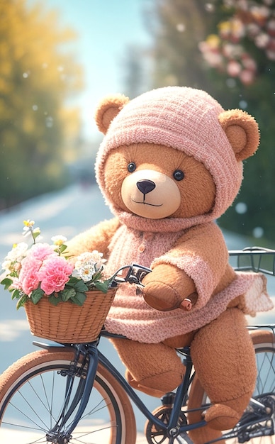 Un oso lindo con una canasta de flores IA generativa