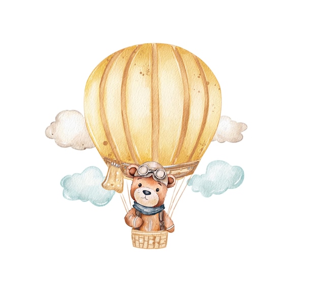 Un oso lindo en un globo de aire caliente rodeado de nubes esponjosas a la deriva a través de un cielo soleado por la tarde