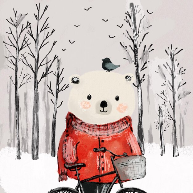 un oso lindo en una ilustración de acuarela de bicicleta