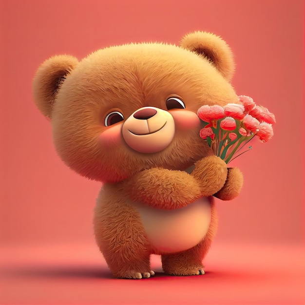 Foto oso lindo sonriente sosteniendo ramo en flores de colores aislado fondo cálido