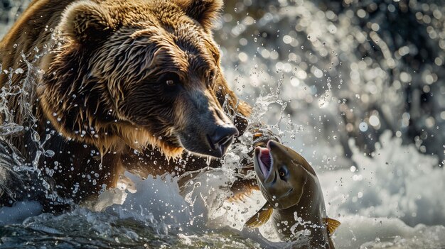 Foto oso marrón atrapando un salmón en la escena de acción dinámica del agua