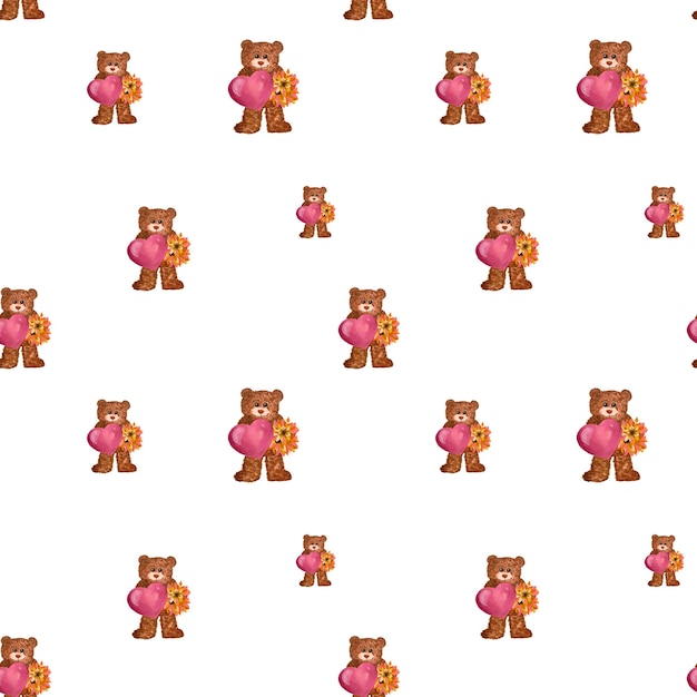 Oso marrón corazón flor rosa patrón. Una ilustración de acuarela. Textura dibujada a mano. Aislado.