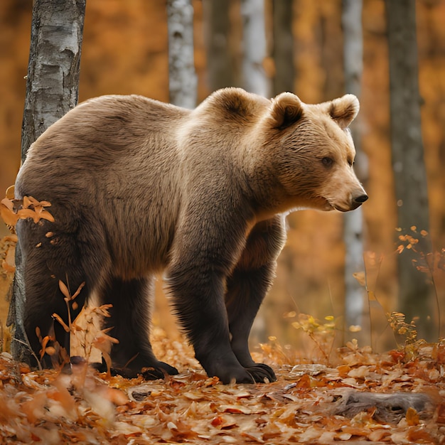 un oso marrón se encuentra en un bosque con hojas de otoño