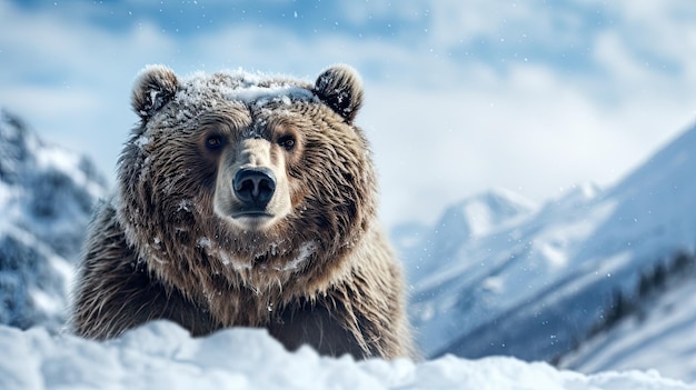 El oso marrón se encuentra en el paisaje invernal nevado alrededor de las montañas