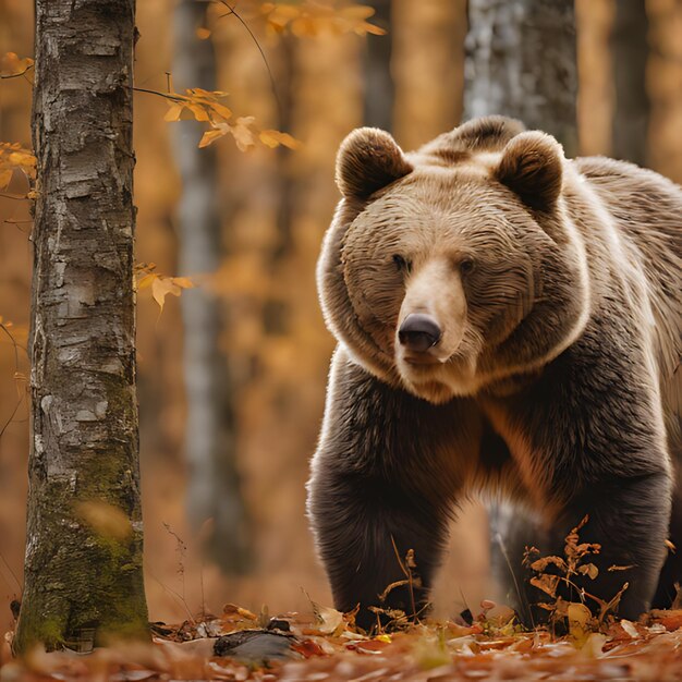 un oso marrón está en el bosque en otoño