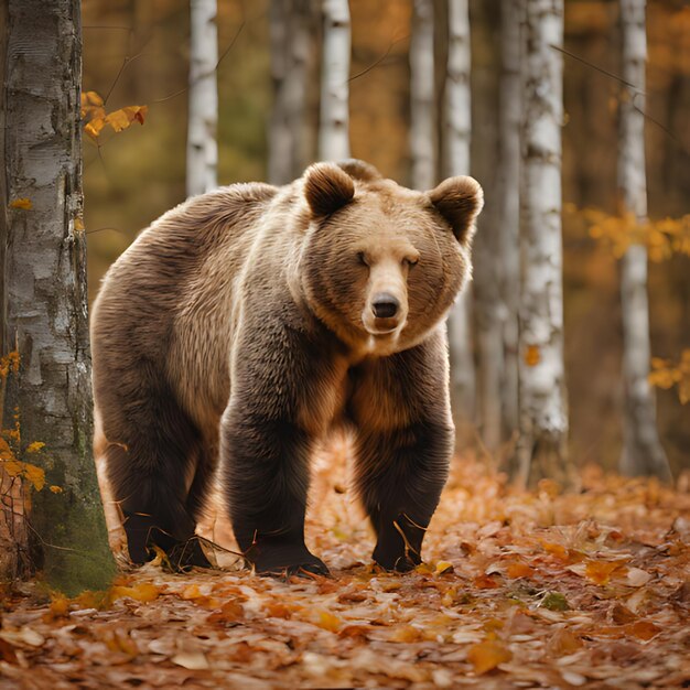 un oso marrón está caminando por un bosque con hojas en el suelo