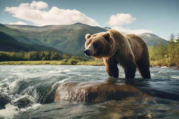 un oso marrón está parado en el agua y está de pie en una roca